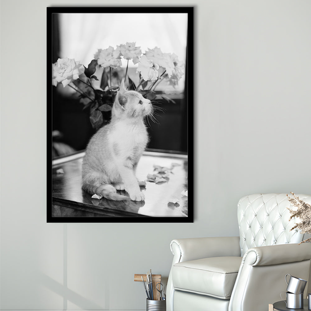 Cute Kitten Print Black and White Art Vintage Animal Photo, Framed Art Print Wall Decor
