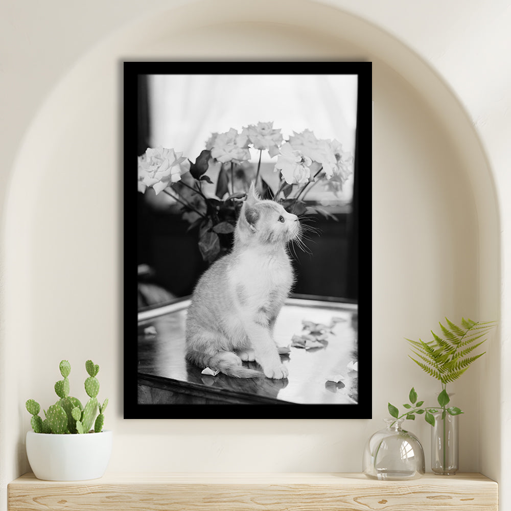 Cute Kitten Print Black and White Art Vintage Animal Photo, Framed Art Print Wall Decor
