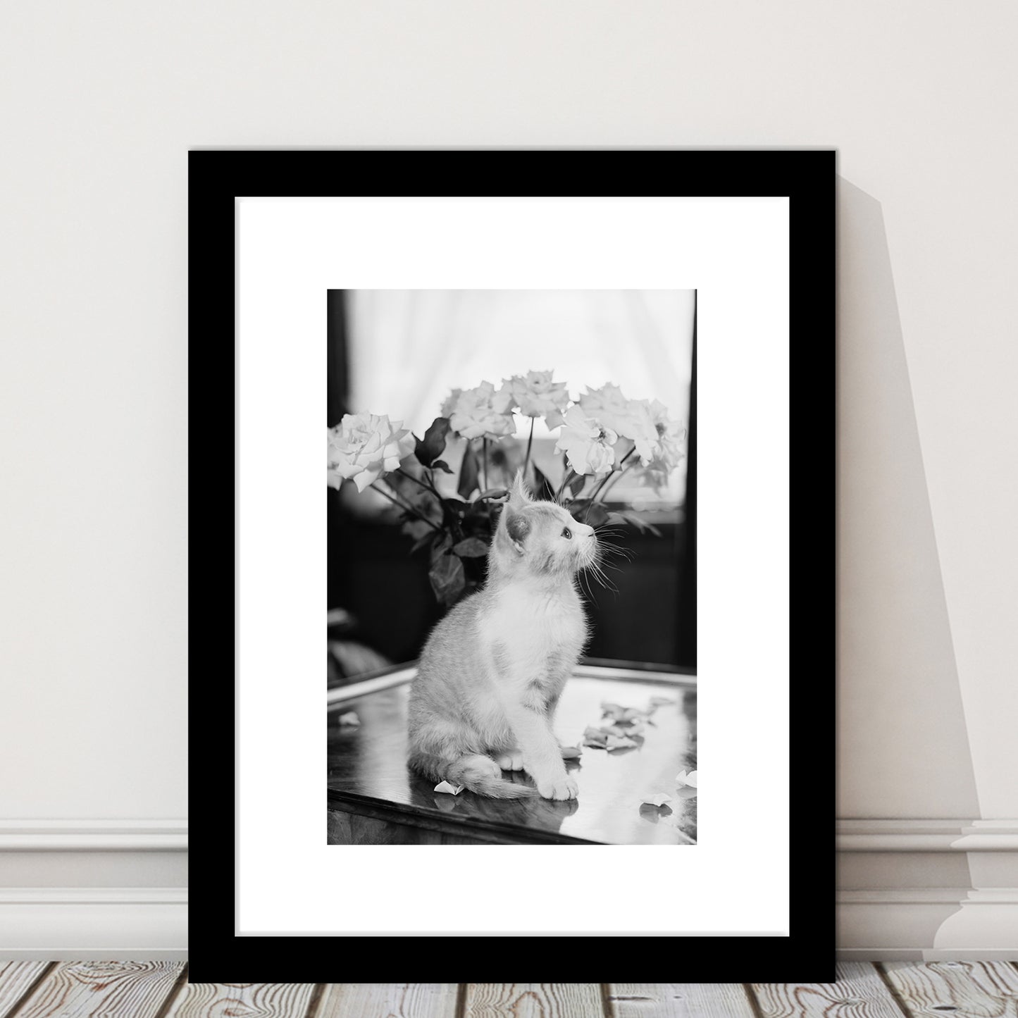 Cute Kitten Print Black and White Art Vintage Animal Photo, Framed Art Print White Border Wall Decor