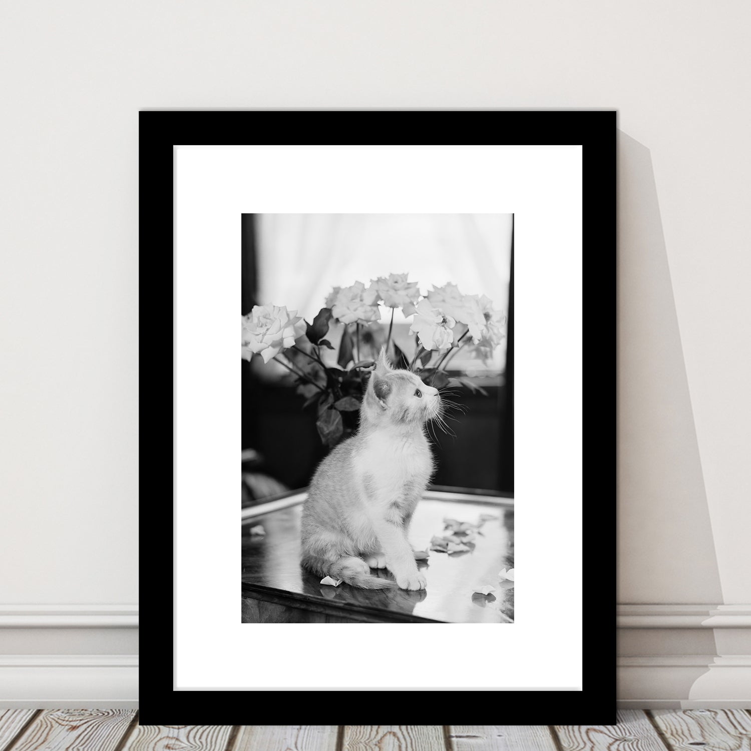 Cute Kitten Print Black and White Art Vintage Animal Photo, Framed Art Print White Border Wall Decor