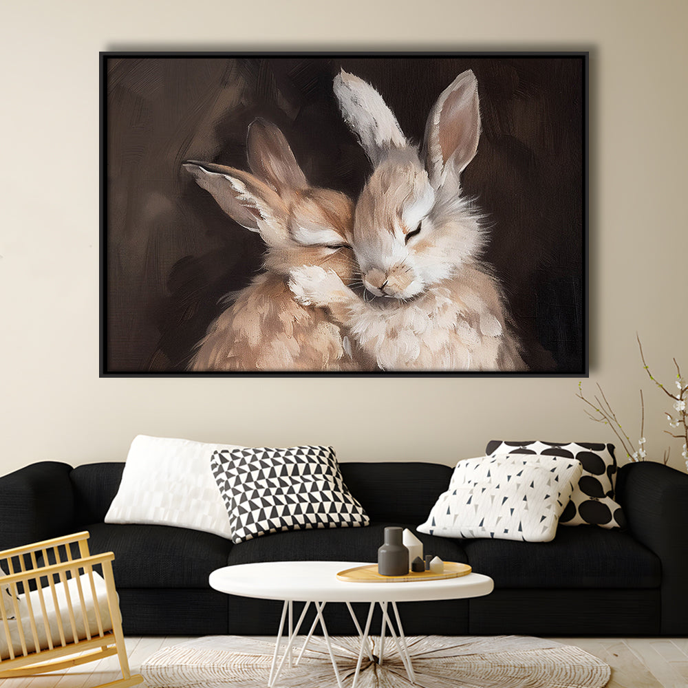 Cute Rabbits Oil Painting Rabbit Friends Antique Vintage Print Bunny, Framed Canvas Print Wall Art, Floating Frame