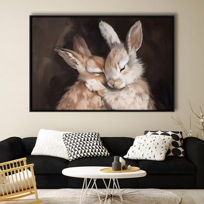 Cute Rabbits Oil Painting Rabbit Friends Antique Vintage Print Bunny, Framed Canvas Print Wall Art, Floating Frame