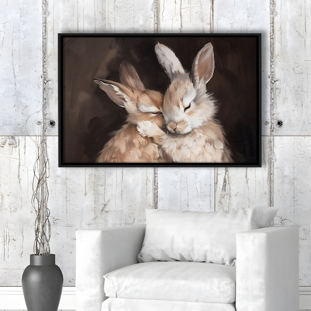 Cute Rabbits Oil Painting Rabbit Friends Antique Vintage Print Bunny, Framed Canvas Print Wall Art, Floating Frame