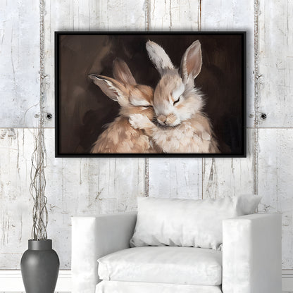 Cute Rabbits Oil Painting Rabbit Friends Antique Vintage Print Bunny, Framed Canvas Print Wall Art, Floating Frame