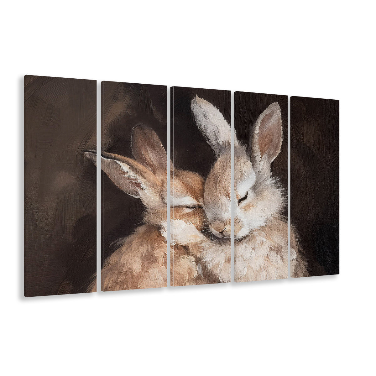 Cute Rabbits Oil Painting Rabbit Friends Antique Vintage Print Bunny, 5 Panel B Canvas Print Wall Art, Extra Large Canvas