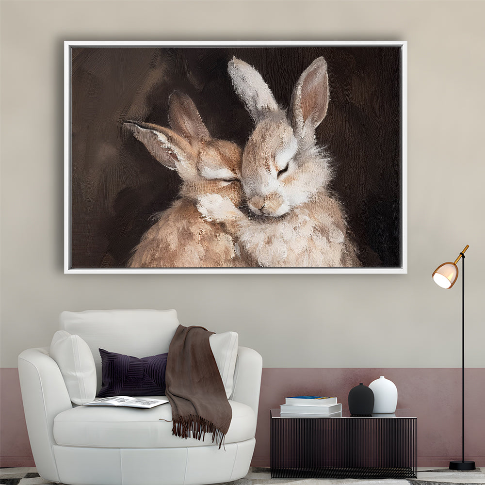 Cute Rabbits Oil Painting Rabbit Friends Antique Vintage Print Bunny, Framed Canvas Print Wall Art, Floating Frame