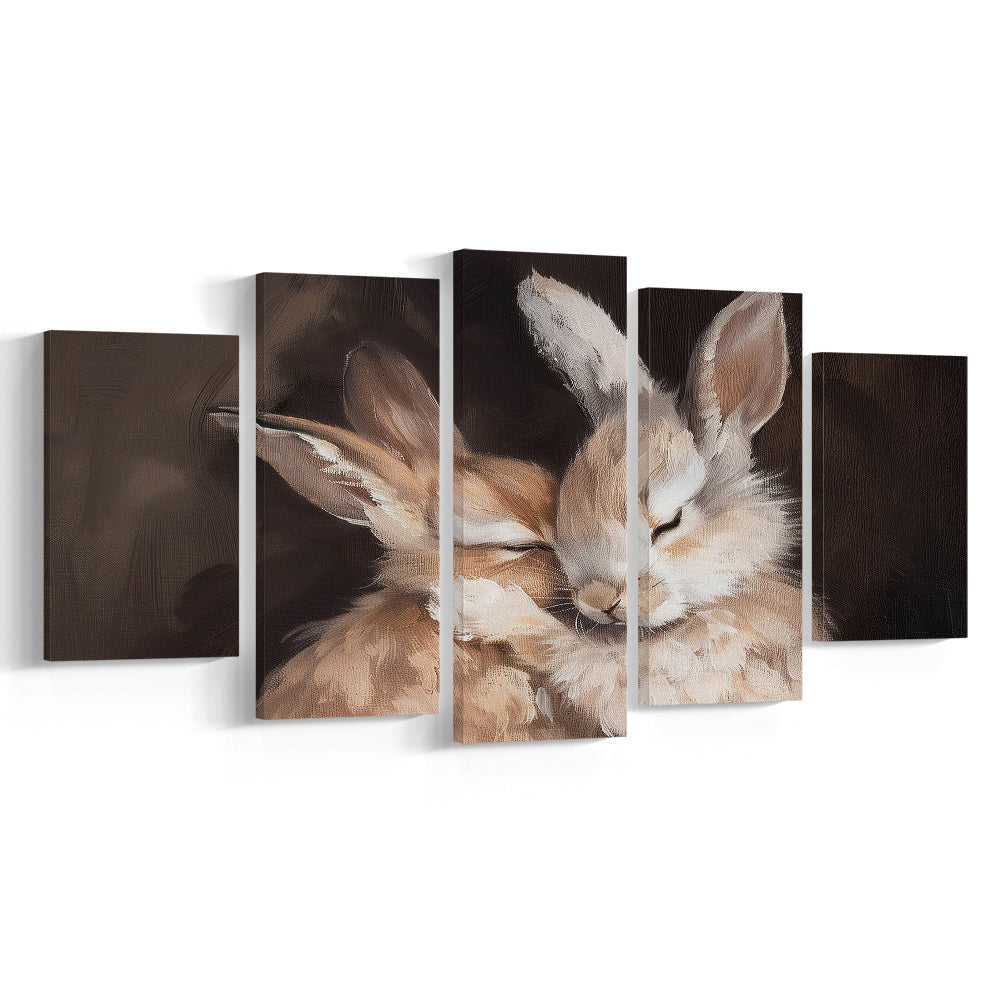 Cute Rabbits Oil Painting Rabbit Friends Antique Vintage Print Bunny, 5 Panel Mixed Canvas Print Wall Art, Large Canvas