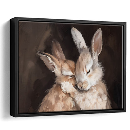 Cute Rabbits Oil Painting Rabbit Friends Antique Vintage Print Bunny, Framed Canvas Print Wall Art, Floating Frame