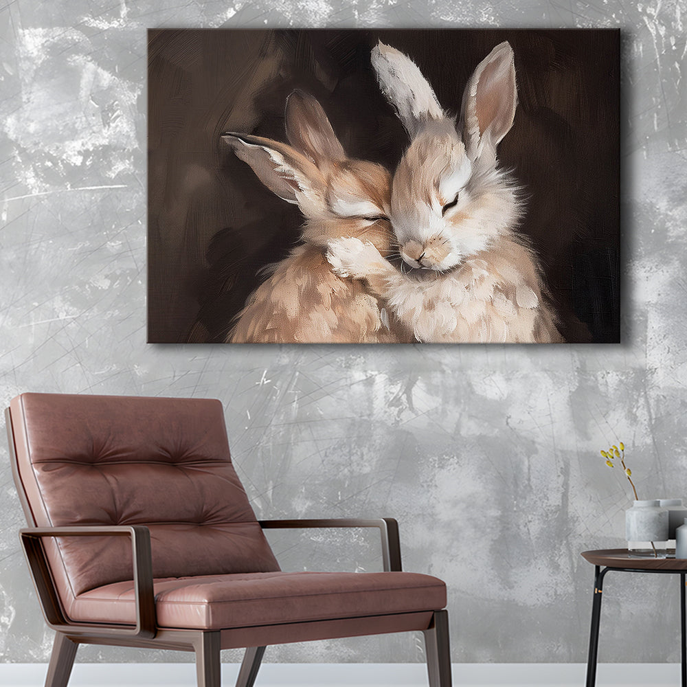 Cute Rabbits Oil Painting Rabbit Friends Antique Vintage Print Bunny, Canvas Print Wall Art, Wall Decor, Painting Canvas