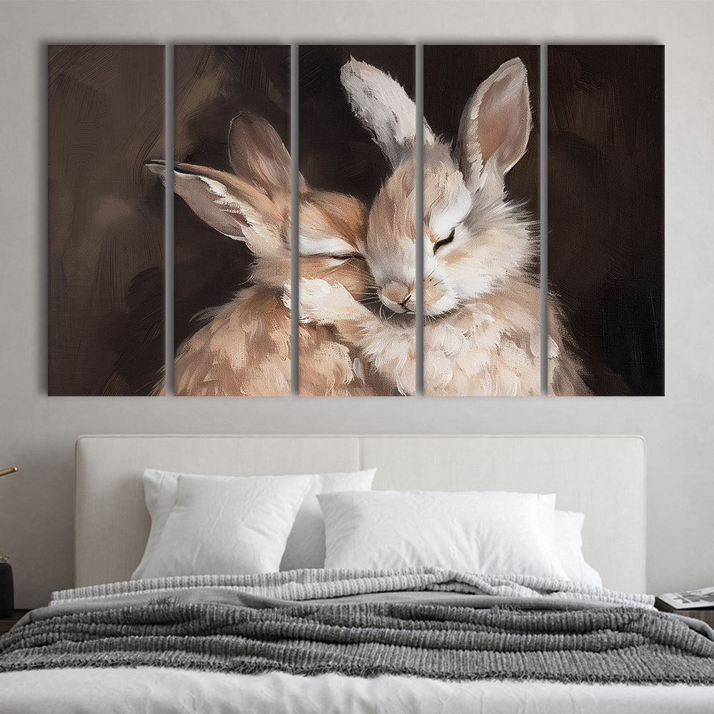 Cute Rabbits Oil Painting Rabbit Friends Antique Vintage Print Bunny, 5 Panel B Canvas Print Wall Art, Extra Large Canvas