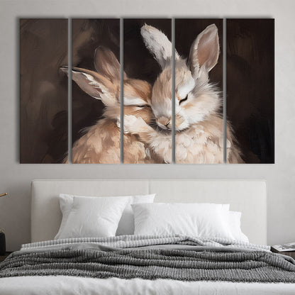 Cute Rabbits Oil Painting Rabbit Friends Antique Vintage Print Bunny, 5 Panel B Canvas Print Wall Art, Extra Large Canvas