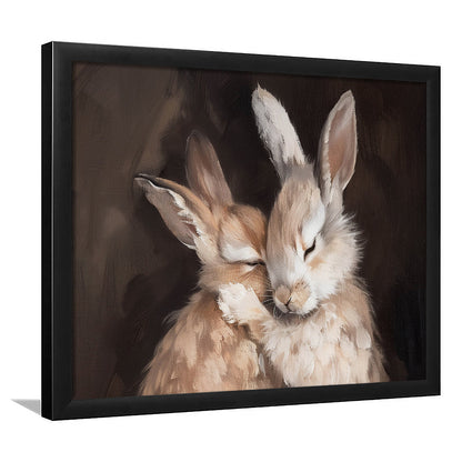 Cute Rabbits Oil Painting Rabbit Friends Antique Vintage Print Bunny, Framed Art Print Wall Decor, Picture Framed