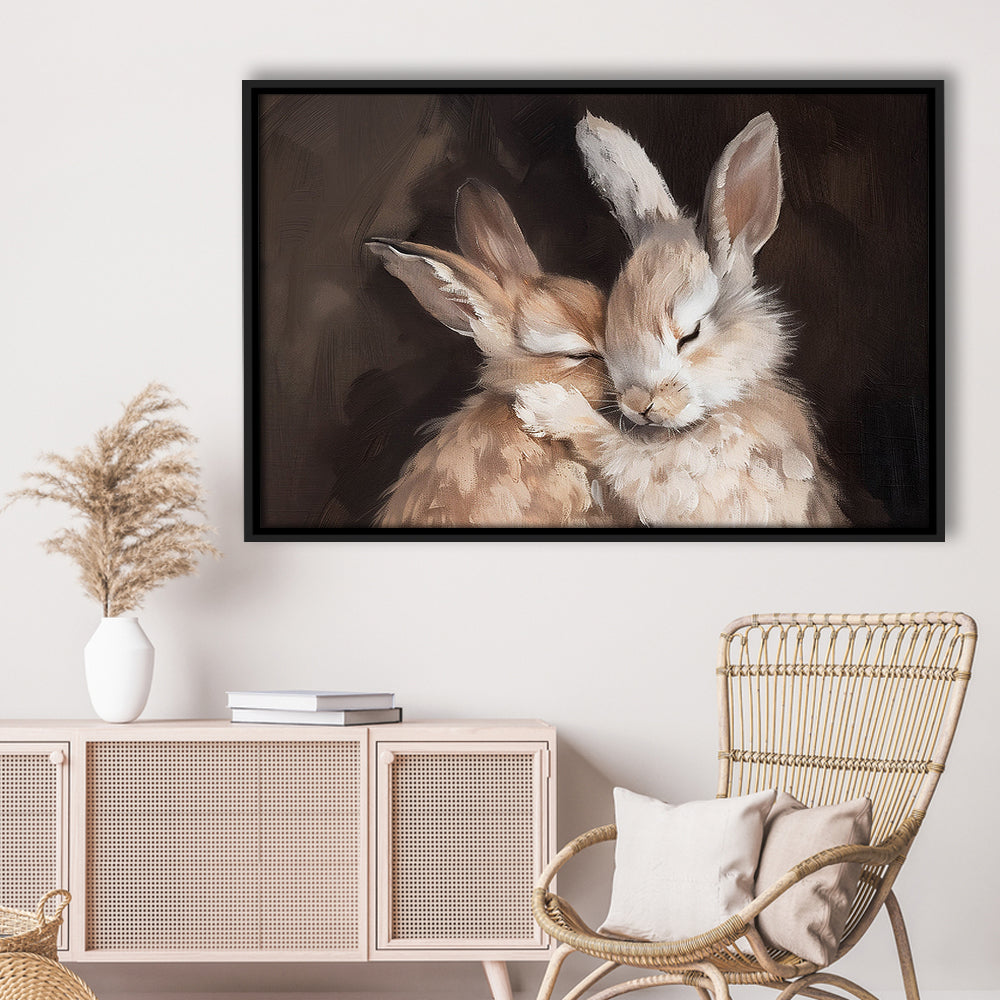 Cute Rabbits Oil Painting Rabbit Friends Antique Vintage Print Bunny, Framed Canvas Print Wall Art, Floating Frame