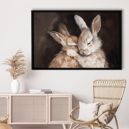Cute Rabbits Oil Painting Rabbit Friends Antique Vintage Print Bunny, Framed Canvas Print Wall Art, Floating Frame