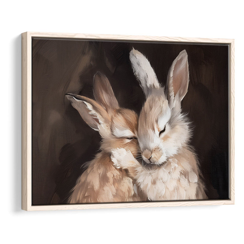 Cute Rabbits Oil Painting Rabbit Friends Antique Vintage Print Bunny, Framed Canvas Print Wall Art, Floating Frame