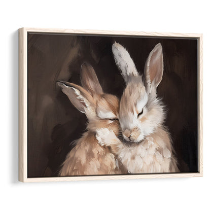 Cute Rabbits Oil Painting Rabbit Friends Antique Vintage Print Bunny, Framed Canvas Print Wall Art, Floating Frame