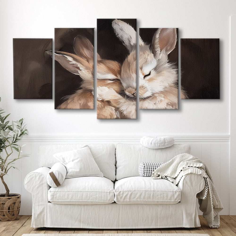 Cute Rabbits Oil Painting Rabbit Friends Antique Vintage Print Bunny, 5 Panel Mixed Canvas Print Wall Art, Large Canvas
