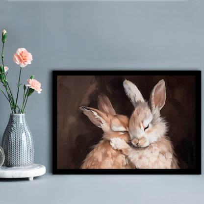 Cute Rabbits Oil Painting Rabbit Friends Antique Vintage Print Bunny, Framed Art Print Wall Decor, Picture Framed