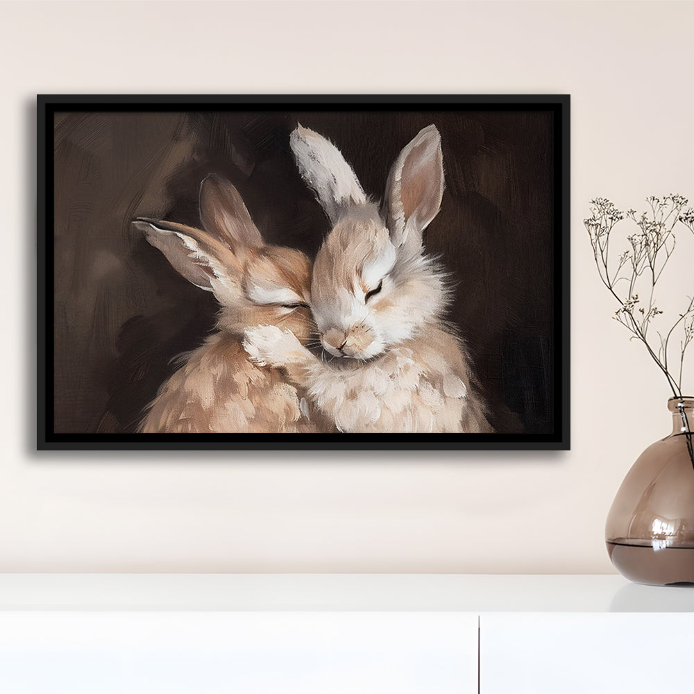 Cute Rabbits Oil Painting Rabbit Friends Antique Vintage Print Bunny, Framed Canvas Print Wall Art, Floating Frame