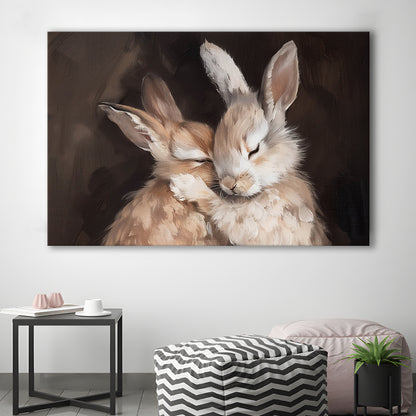 Cute Rabbits Oil Painting Rabbit Friends Antique Vintage Print Bunny, Canvas Print Wall Art, Wall Decor, Painting Canvas