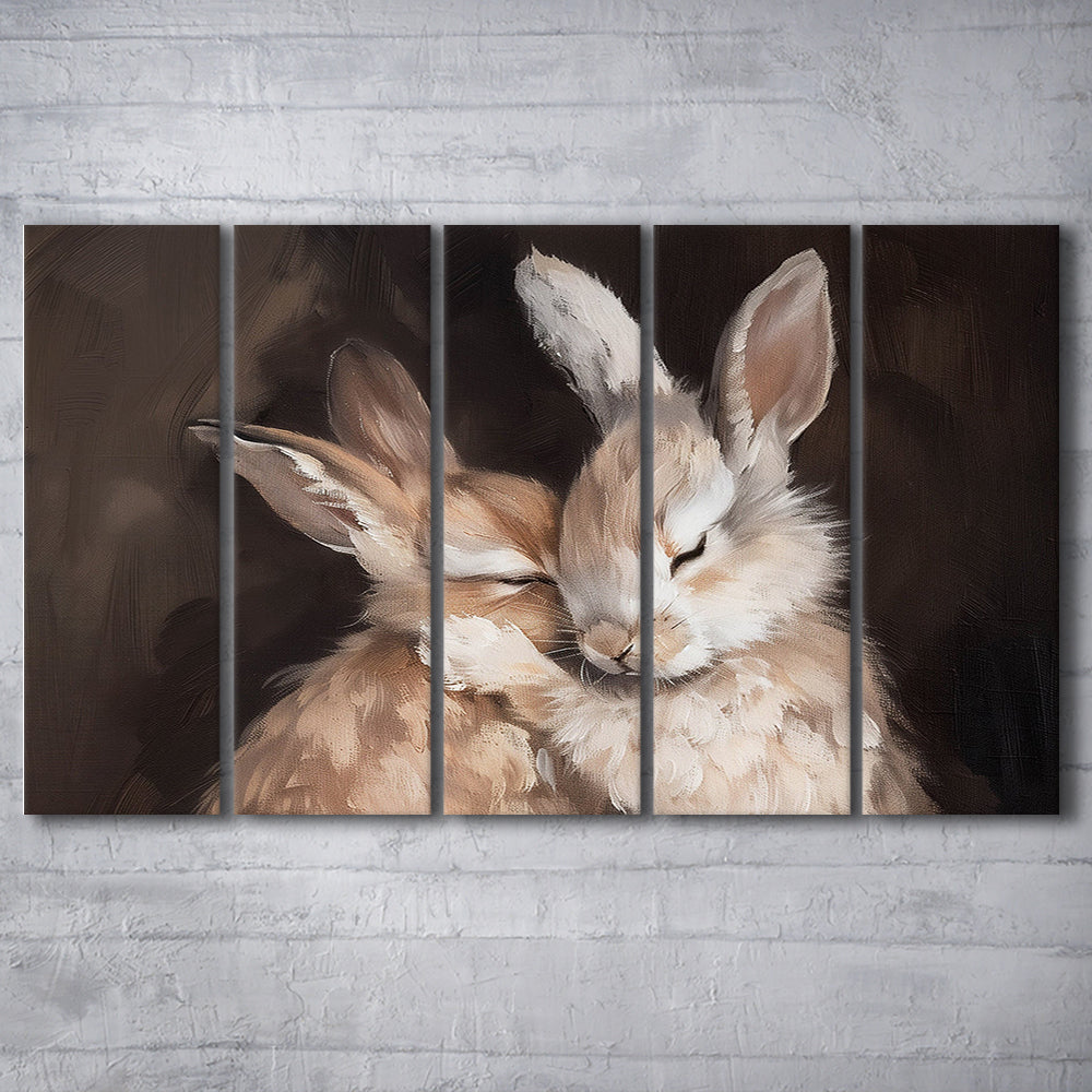 Cute Rabbits Oil Painting Rabbit Friends Antique Vintage Print Bunny, 5 Panel B Canvas Print Wall Art, Extra Large Canvas