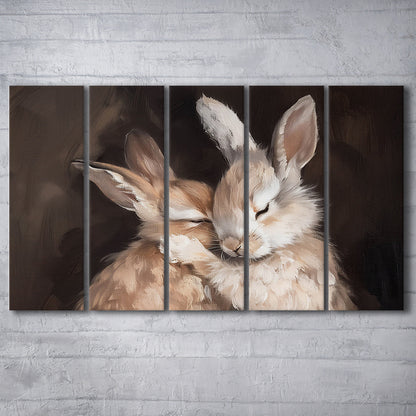 Cute Rabbits Oil Painting Rabbit Friends Antique Vintage Print Bunny, 5 Panel B Canvas Print Wall Art, Extra Large Canvas