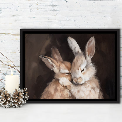 Cute Rabbits Oil Painting Rabbit Friends Antique Vintage Print Bunny, Framed Canvas Print Wall Art, Floating Frame