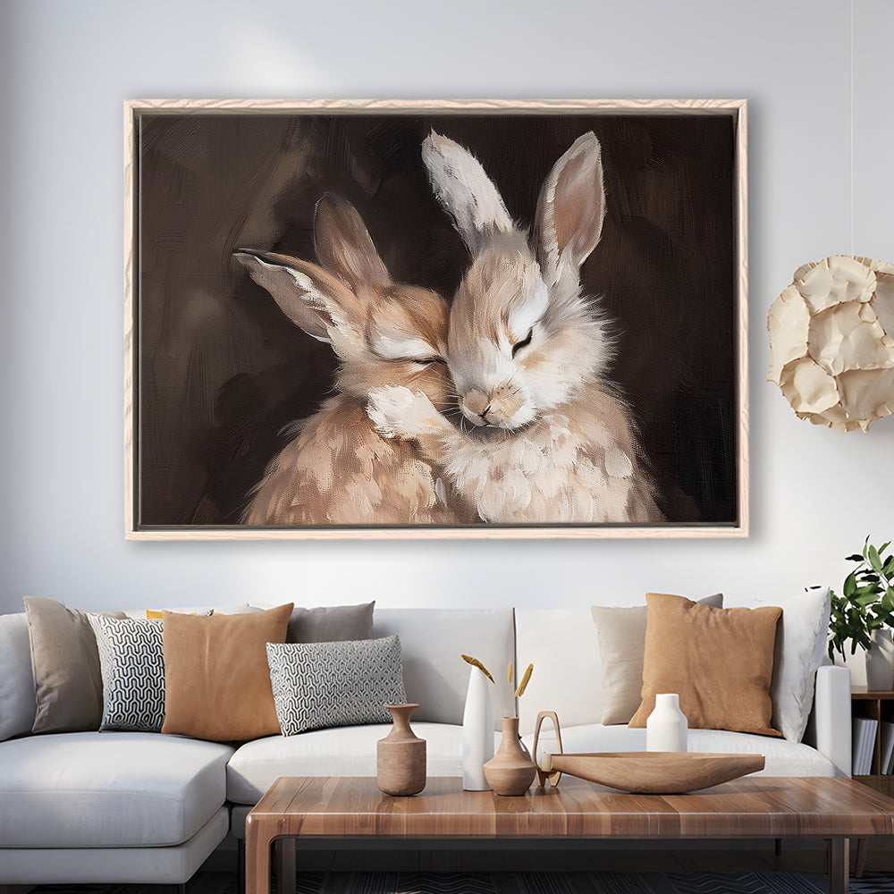 Cute Rabbits Oil Painting Rabbit Friends Antique Vintage Print Bunny, Framed Canvas Print Wall Art, Floating Frame