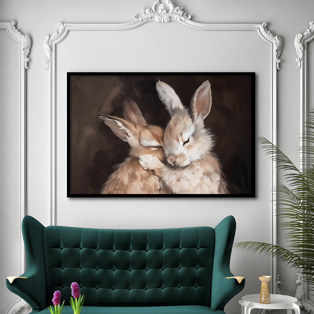 Cute Rabbits Oil Painting Rabbit Friends Antique Vintage Print Bunny, Framed Art Print Wall Decor, Picture Framed
