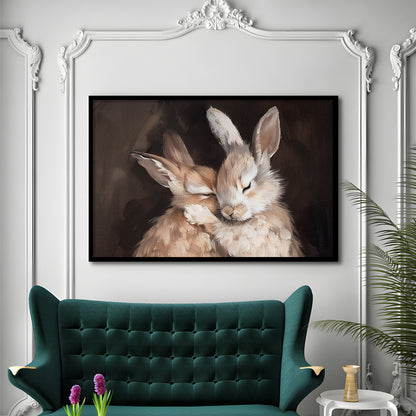 Cute Rabbits Oil Painting Rabbit Friends Antique Vintage Print Bunny, Framed Art Print Wall Decor, Picture Framed