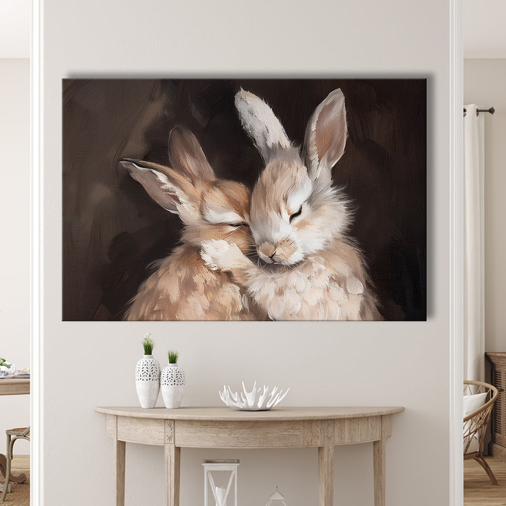 Cute Rabbits Oil Painting Rabbit Friends Antique Vintage Print Bunny, Canvas Print Wall Art, Wall Decor, Painting Canvas