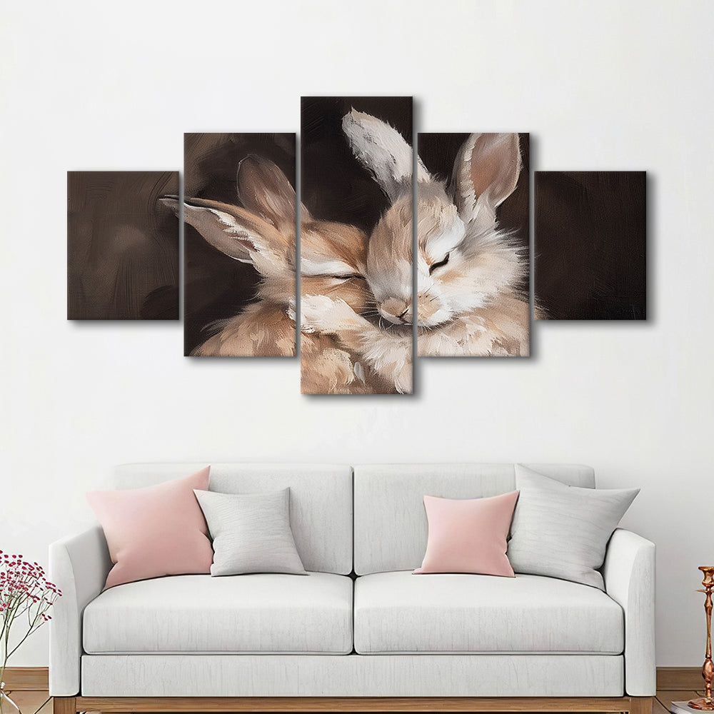 Cute Rabbits Oil Painting Rabbit Friends Antique Vintage Print Bunny, 5 Panel Mixed Canvas Print Wall Art, Large Canvas