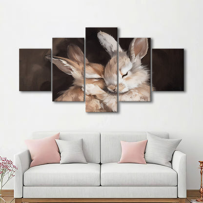 Cute Rabbits Oil Painting Rabbit Friends Antique Vintage Print Bunny, 5 Panel Mixed Canvas Print Wall Art, Large Canvas