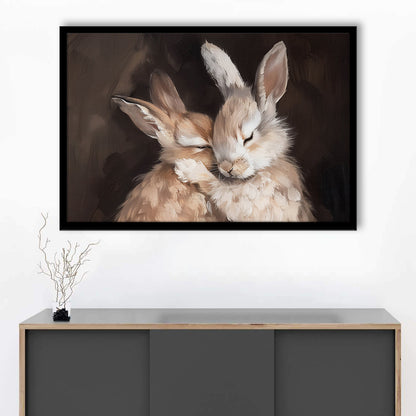 Cute Rabbits Oil Painting Rabbit Friends Antique Vintage Print Bunny, Framed Art Print Wall Decor, Picture Framed