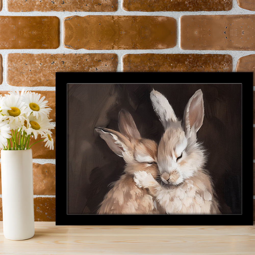 Cute Rabbits Oil Painting Rabbit Friends Antique Vintage Print Bunny, Framed Art Print Wall Decor, Picture Framed