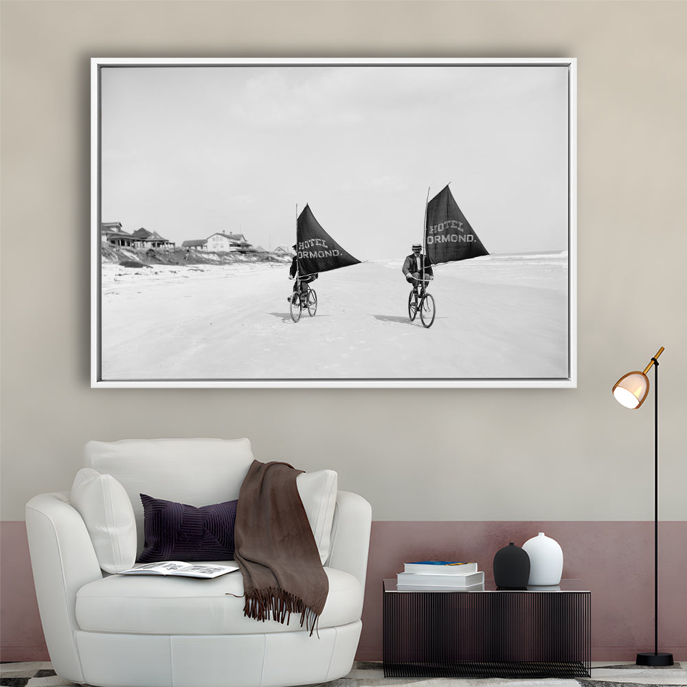Cycling on the Beach Coastal Wall Art Victorian Black and White Art, Floating Framed Canvas Print