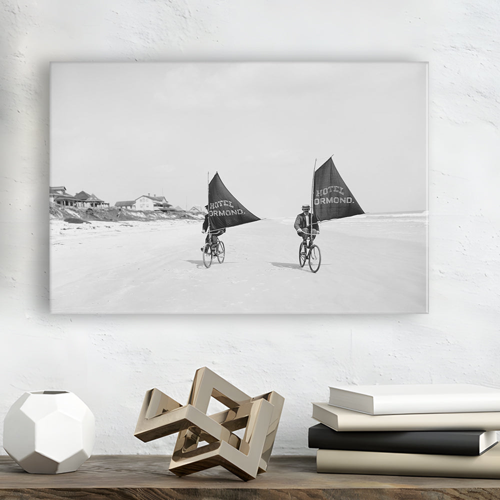 Cycling on the Beach Coastal Wall Art Victorian Black and White Art, Canvas Print Wall Art Decor