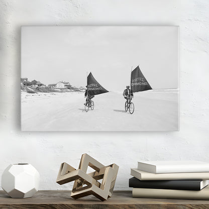 Cycling on the Beach Coastal Wall Art Victorian Black and White Art, Canvas Print Wall Art Decor