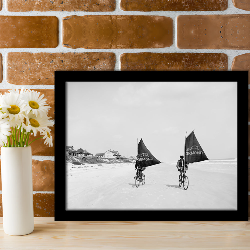 Cycling on the Beach Coastal Wall Art Victorian Black and White Art, Framed Art Print Wall Decor