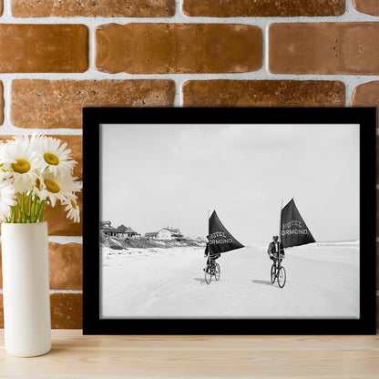 Cycling on the Beach Coastal Wall Art Victorian Black and White Art, Framed Art Print Wall Decor