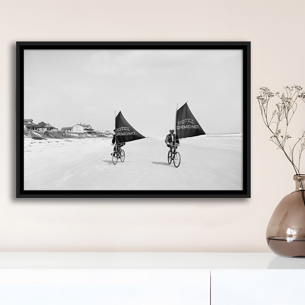 Cycling on the Beach Coastal Wall Art Victorian Black and White Art, Floating Framed Canvas Print