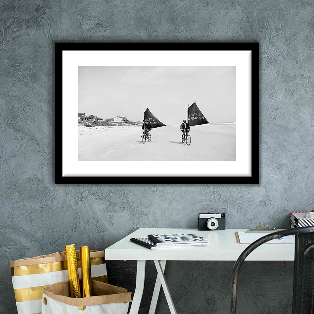 Cycling on the Beach Coastal Wall Art Victorian Black and White Art, Framed Art Print White Border Wall Decor