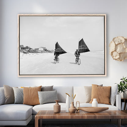 Cycling on the Beach Coastal Wall Art Victorian Black and White Art, Floating Framed Canvas Print