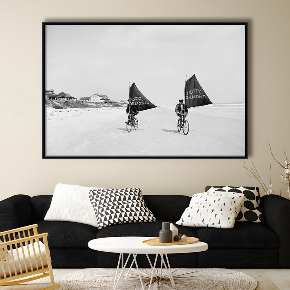 Cycling on the Beach Coastal Wall Art Victorian Black and White Art, Floating Framed Canvas Print