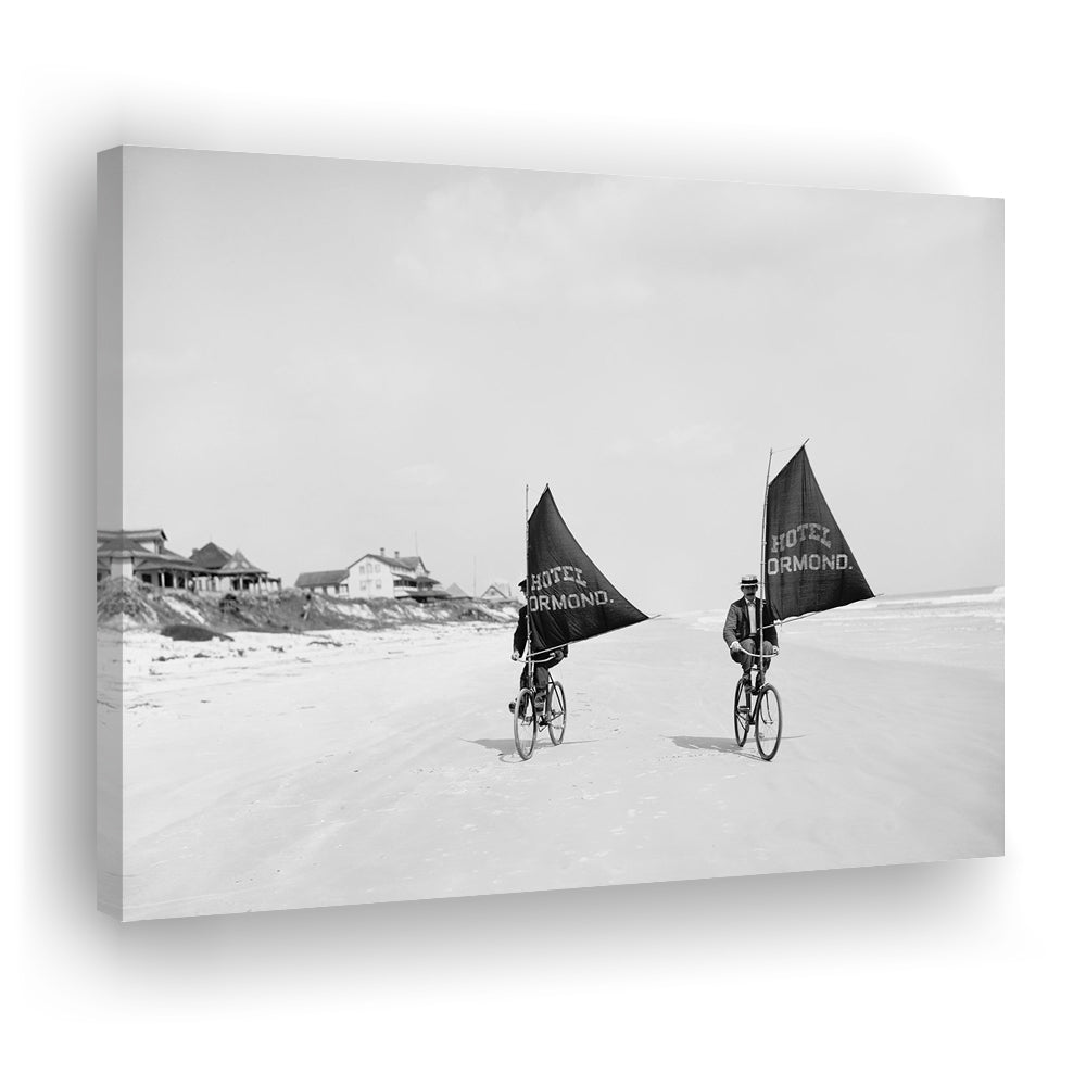Cycling on the Beach Coastal Wall Art Victorian Black and White Art, Canvas Print Wall Art Decor