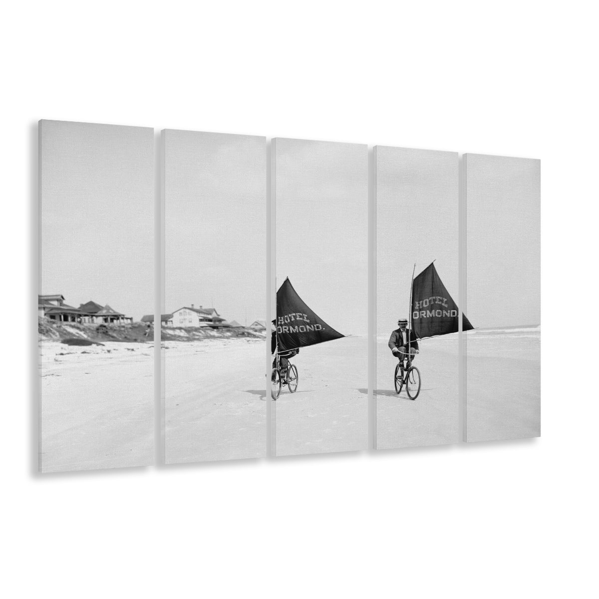 Cycling on the Beach Coastal Wall Art Victorian Black and White Art, 5 Pieces Large Canvas Print