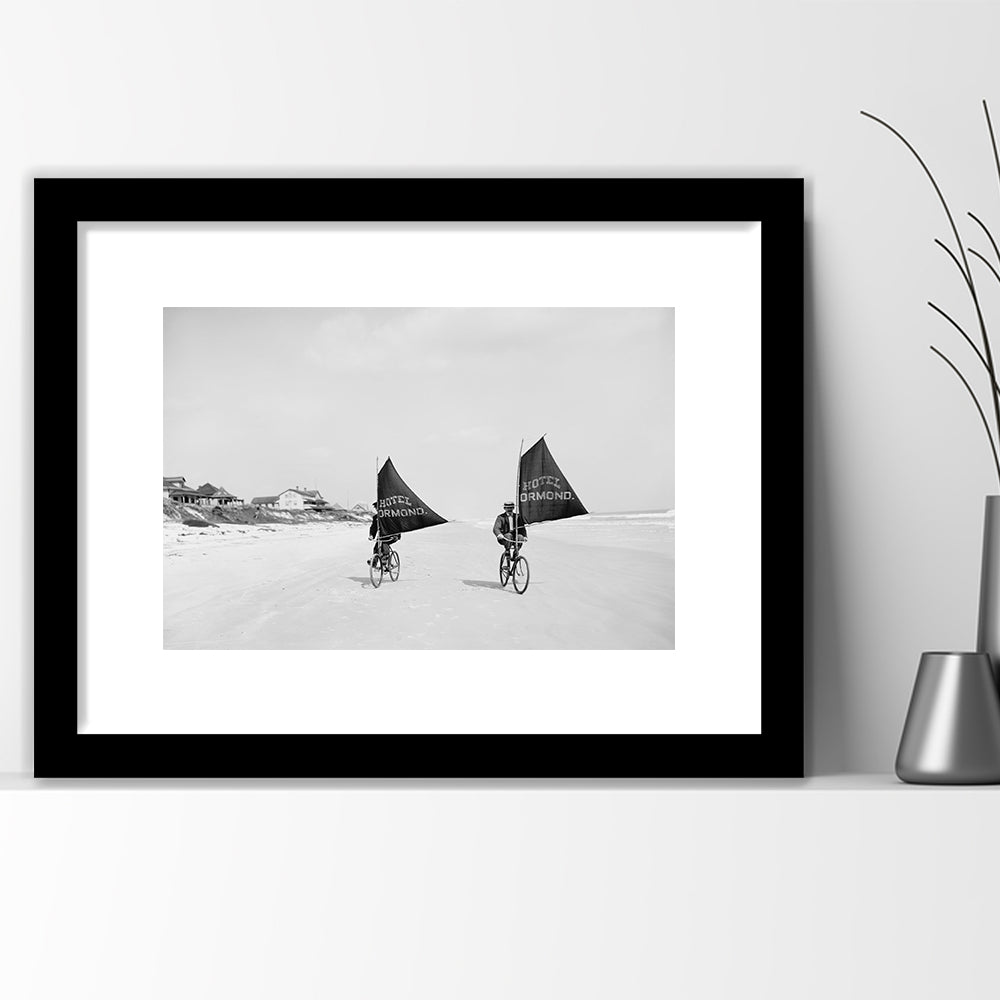 Cycling on the Beach Coastal Wall Art Victorian Black and White Art, Framed Art Print White Border Wall Decor