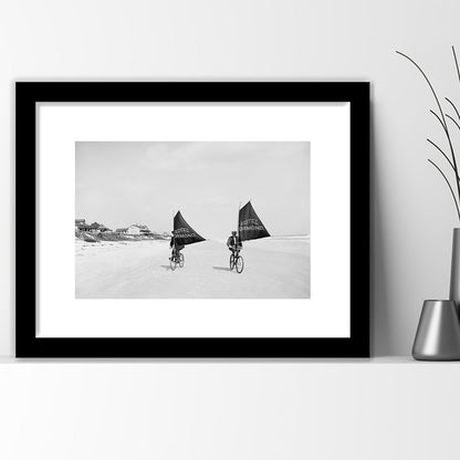Cycling on the Beach Coastal Wall Art Victorian Black and White Art, Framed Art Print White Border Wall Decor
