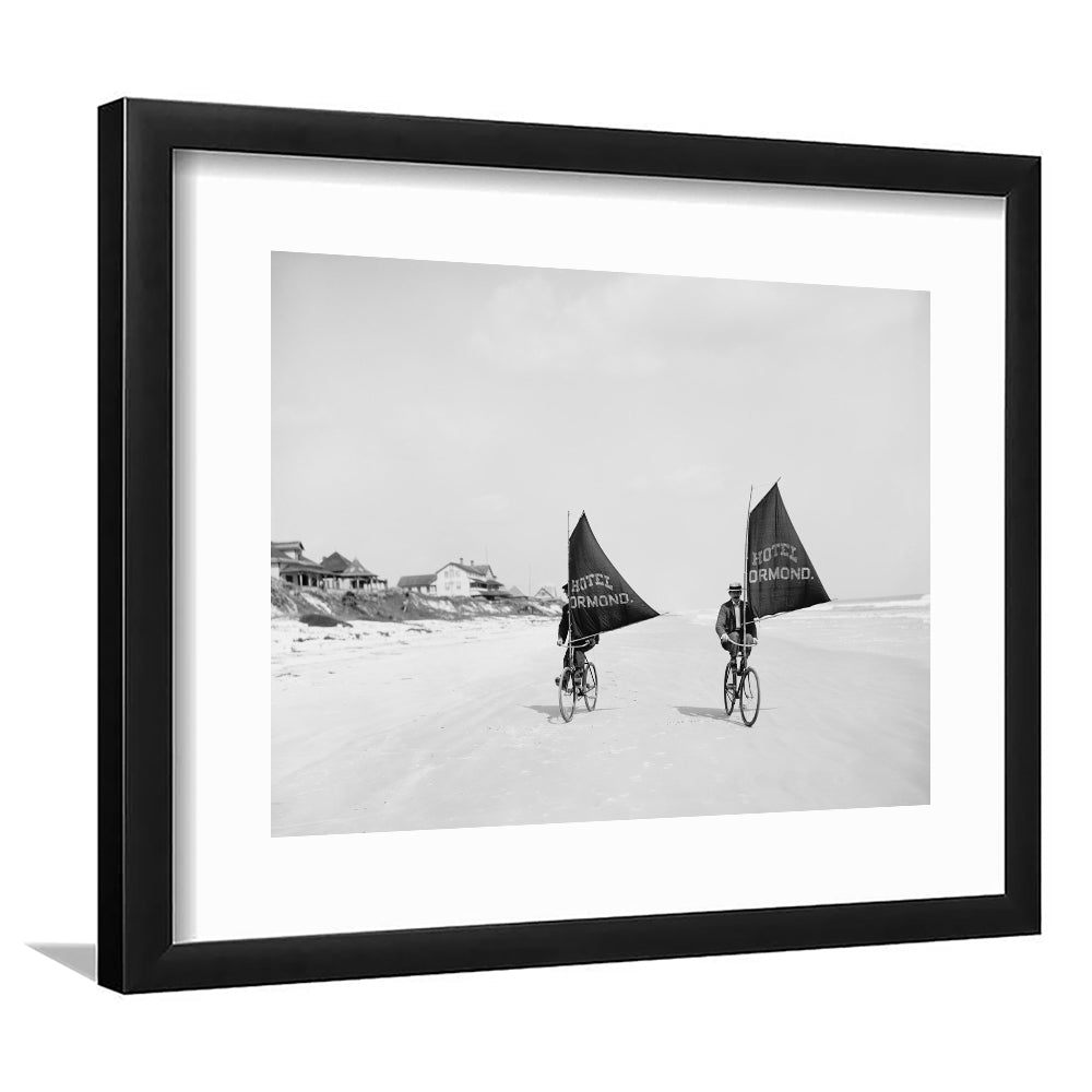 Cycling on the Beach Coastal Wall Art Victorian Black and White Art, Framed Art Print White Border Wall Decor