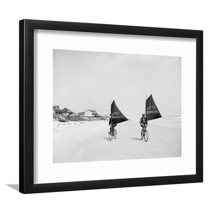 Cycling on the Beach Coastal Wall Art Victorian Black and White Art, Framed Art Print White Border Wall Decor